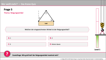 PowerPoint-Präsentation zur sicheren Kranbedienung mit integrierten Fragen – Eine Folie der Präsentation, die sicherheitsrelevante Inhalte mit Fragen und kurzen Interaktionen ergänzt, um das Verständnis und die Aufmerksamkeit der Teilnehmer zu fördern.